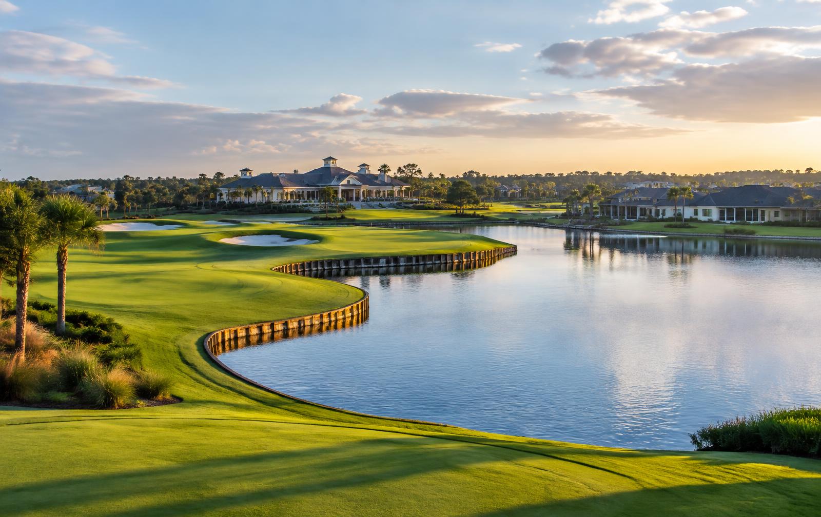 Eagle Creek-style golf course wrapping around a lake with clubhouse and homes beyond